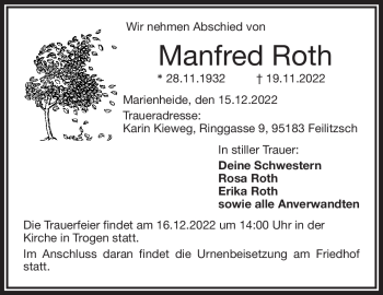 Traueranzeige von Manfred Roth von Frankenpost