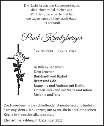 Traueranzeige von Paul Kreutzberger von Südthüringer Presse