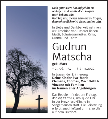 Traueranzeige von Gudrun Matscha von Südthüringer Presse