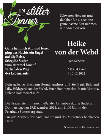 Traueranzeige von Heike von der Wehd von Südthüringer Presse
