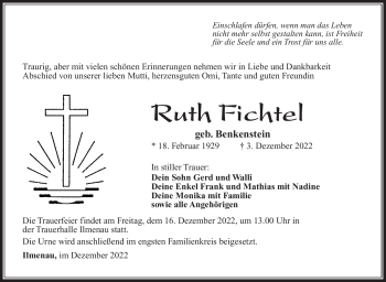 Traueranzeige von Ruth Fichtel von Südthüringer Presse