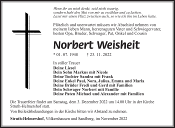 Traueranzeige von Norbert Weisheit von Südthüringer Presse