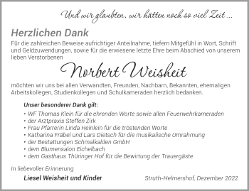 Traueranzeige von Norbert Weisheit von Südthüringer Presse