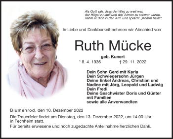Traueranzeige von Ruth Mücke von Neue Presse Coburg
