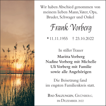 Traueranzeige von Frank Vorberg von Südthüringer Presse