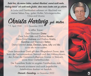 Traueranzeige von Christa Hartwig von Südthüringer Presse
