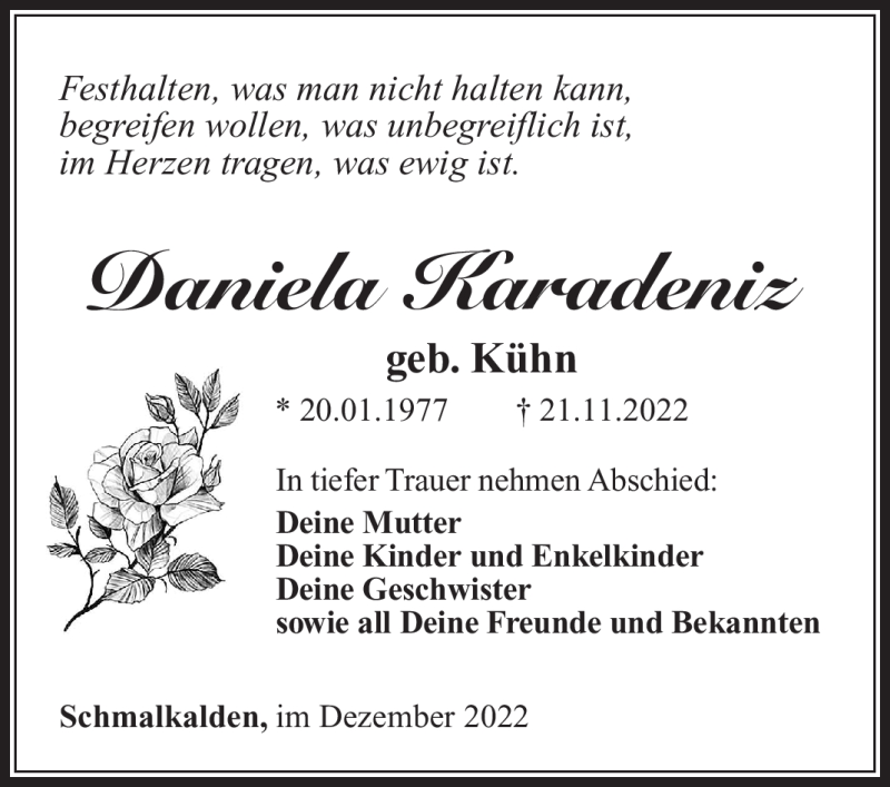  Traueranzeige für Daniela Karadeniz vom 06.12.2022 aus Südthüringer Presse