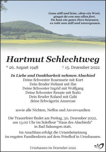 Traueranzeige von Hartmut Schlechtweg von Südthüringer Presse