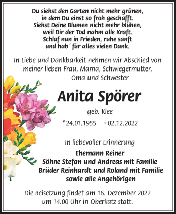 Traueranzeige von Anita Spörer von Südthüringer Presse