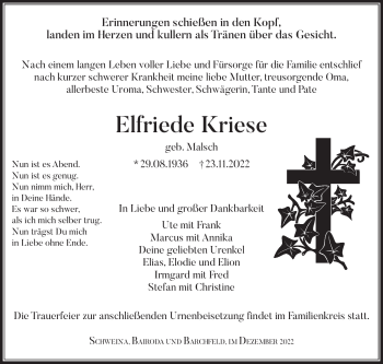 Traueranzeige von Elfriede Kriese von Südthüringer Presse