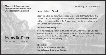 Traueranzeige von Hans Roßner von Frankenpost
