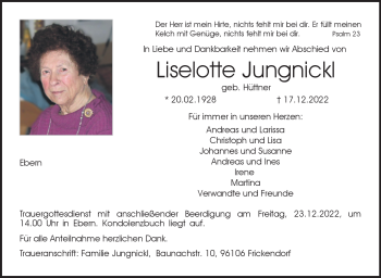 Traueranzeige von Lieselotte Jungnickl von Neue Presse Coburg