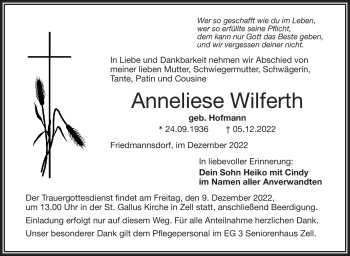 Traueranzeige von Anneliese Wilferth von Frankenpost