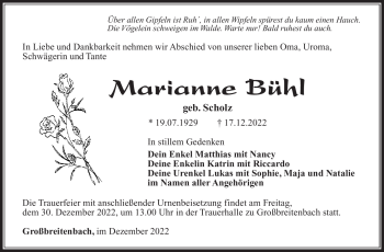 Traueranzeige von Marianne Bühl von Südthüringer Presse