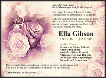 Traueranzeige von Ella Gibson von Südthüringer Presse