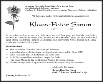 Traueranzeige von Klaus-Peter Simon von Südthüringer Presse