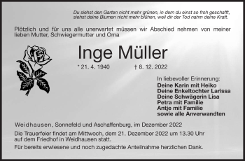 Traueranzeige von Inge Müller von Neue Presse Coburg