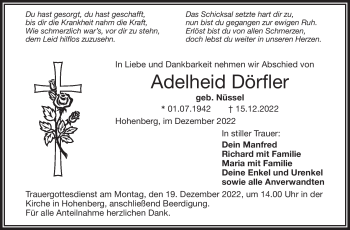 Traueranzeige von Adelheid Dörfler von Frankenpost