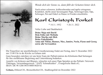 Traueranzeige von Karl Christoph Forkel von Südthüringer Presse