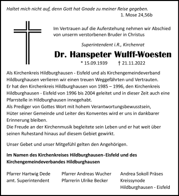 Traueranzeige von Hanspeter Wulff - Woesten von Südthüringer Presse