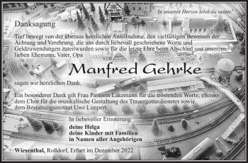 Traueranzeige von Manfred Gehrke von Südthüringer Presse