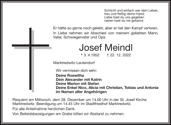 Traueranzeige von Josef Meindl von Frankenpost
