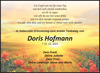 Traueranzeige von Doris Hofmann von Südthüringer Presse