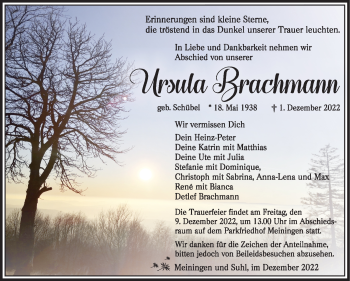 Traueranzeige von Ursula Brachmann von Südthüringer Presse