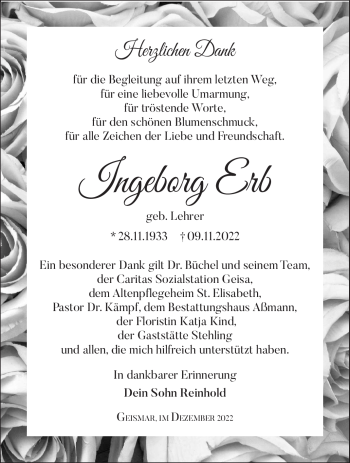 Traueranzeige von Ingeborg Erb von Südthüringer Presse