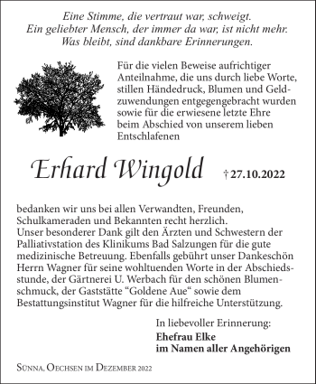 Traueranzeige von Erhard Wingold von Südthüringer Presse