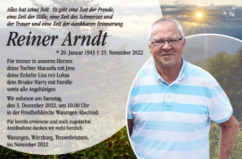 Traueranzeige von Reiner Arndt von Südthüringer Presse