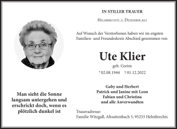 Traueranzeige von Ute Klier von Frankenpost