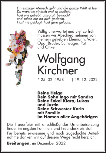 Traueranzeige von Wolfgang Kirchner von Südthüringer Presse