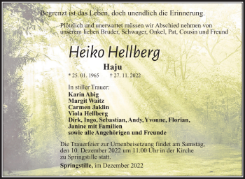 Traueranzeige von Heiko Hellberg von Südthüringer Presse