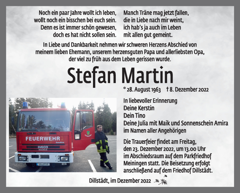  Traueranzeige für Stefan Martin vom 17.12.2022 aus Südthüringer Presse