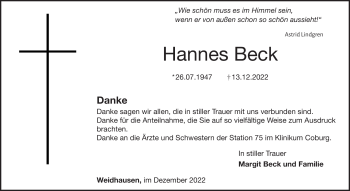 Traueranzeige von Hannes Beck von Neue Presse Coburg