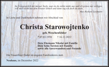 Traueranzeige von Christa Starowojtenko von Südthüringer Presse