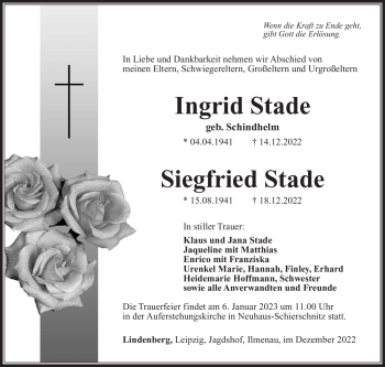 Traueranzeige von SiegfriedIngrid StadeStade von Südthüringer Presse