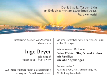 Traueranzeige von Inge Beyer von Frankenpost