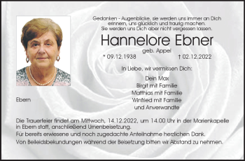 Traueranzeige von Hannelore Ebner von Neue Presse Coburg