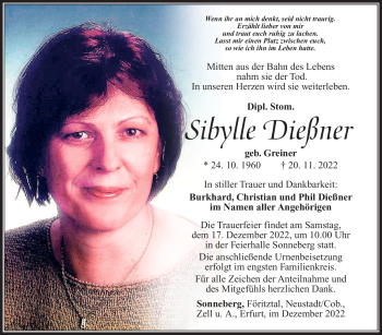Traueranzeige von Sibylle Dießner von Südthüringer Presse
