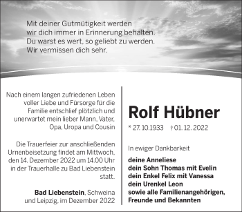 Traueranzeige von Rolf Hübner von Südthüringer Presse
