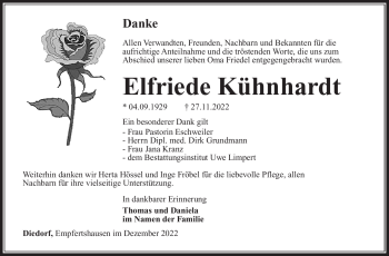 Traueranzeige von Elfriede Kühnhardt von Südthüringer Presse