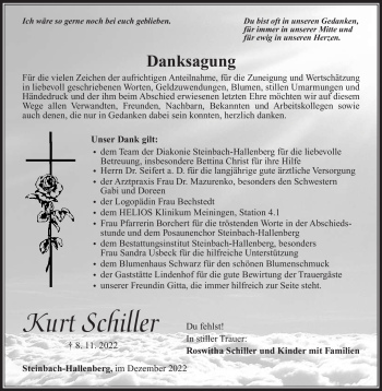 Traueranzeige von Kurt Schiller von Südthüringer Presse