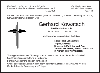 Traueranzeige von Gerhard Kowatsch von Frankenpost