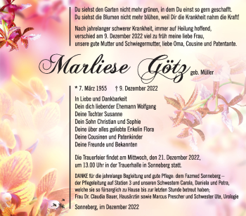 Traueranzeige von Marliese Götz von Südthüringer Presse