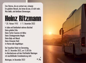 Traueranzeige von Heinz Ritzmann von Südthüringer Presse