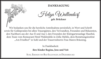 Traueranzeige von Helga Wallendorf von Südthüringer Presse