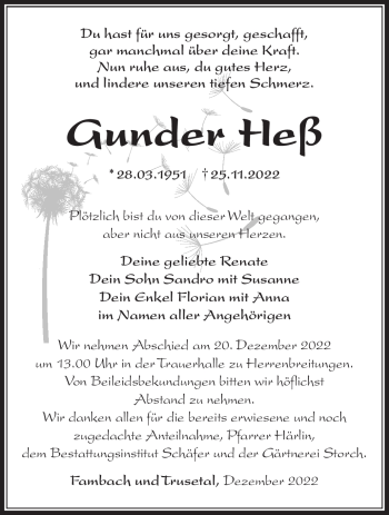 Traueranzeige von Gunder Heß von Südthüringer Presse