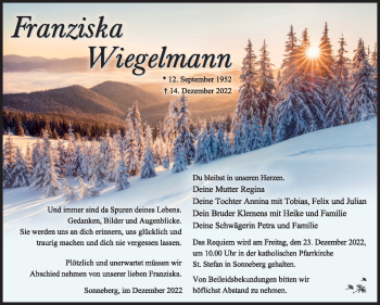 Traueranzeige von Franziska Wiegelmann von Südthüringer Presse